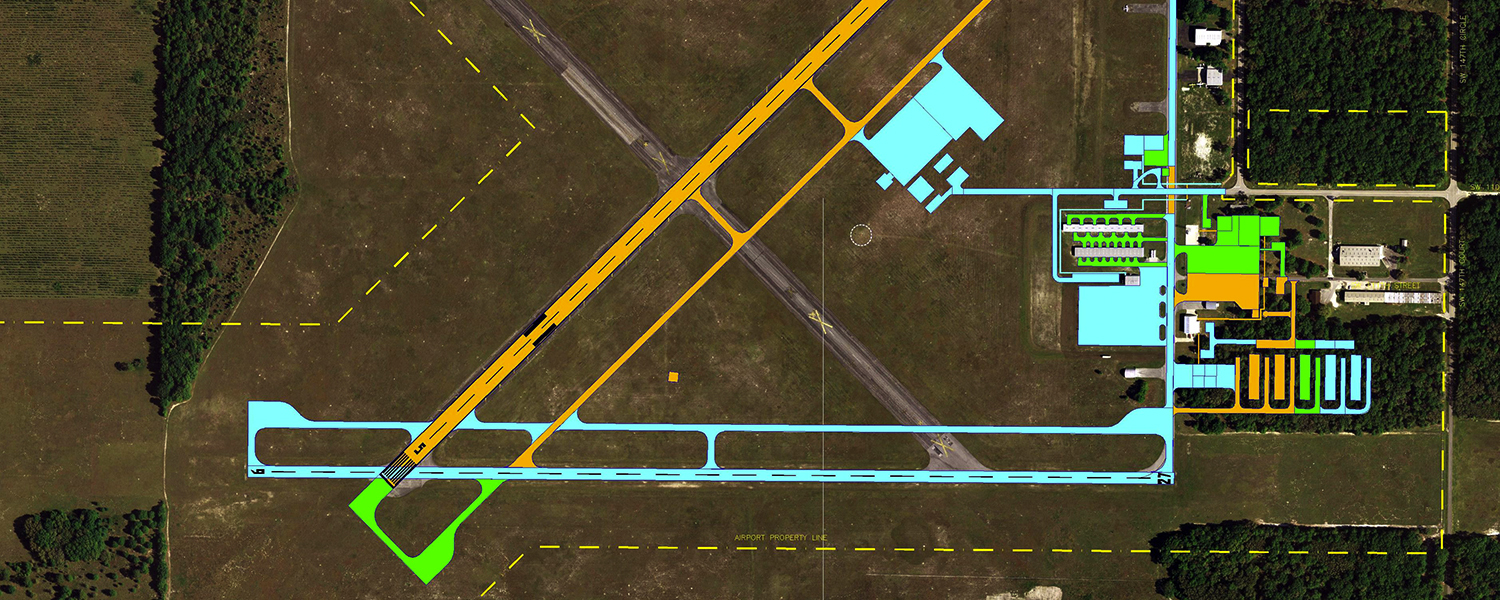 An aerial graphic of an airport with engineering markups for the airport master plan update.