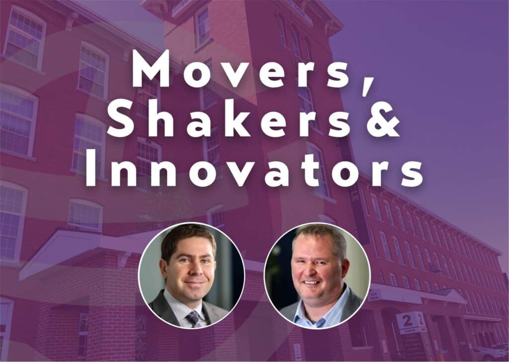 Headshots of Jeff Collins and Josif Bicja overlaying an image of our Manchester Headquarters announcing the Movers, Shakers & Innovators program at Hoyle Tanner