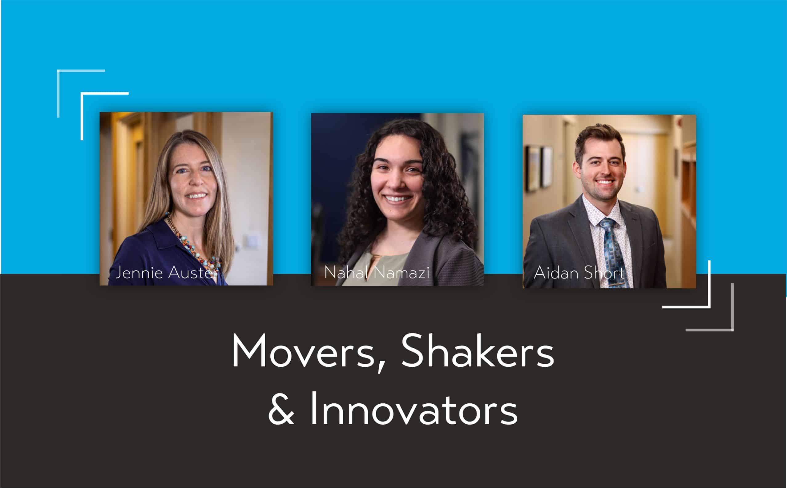 Graphic featuring 3 corporate headshots with light blue and black background to celebrate movers and shakers