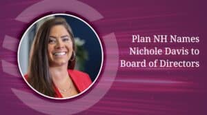 Nichole Davis is selected to the Board of Directors for Plan NH. Her corporate headshot sits on top of a purple textured background with the Hoyle Tanner logo and white text with the title of the article.