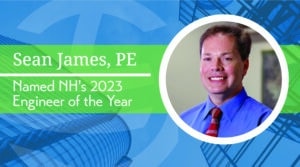 Sean James is named NH's 2023 Engineer of the Year. His corporate headshot sits on top of a blue textured background with the Hoyle Tanner logo and white text indicating the title of the article.