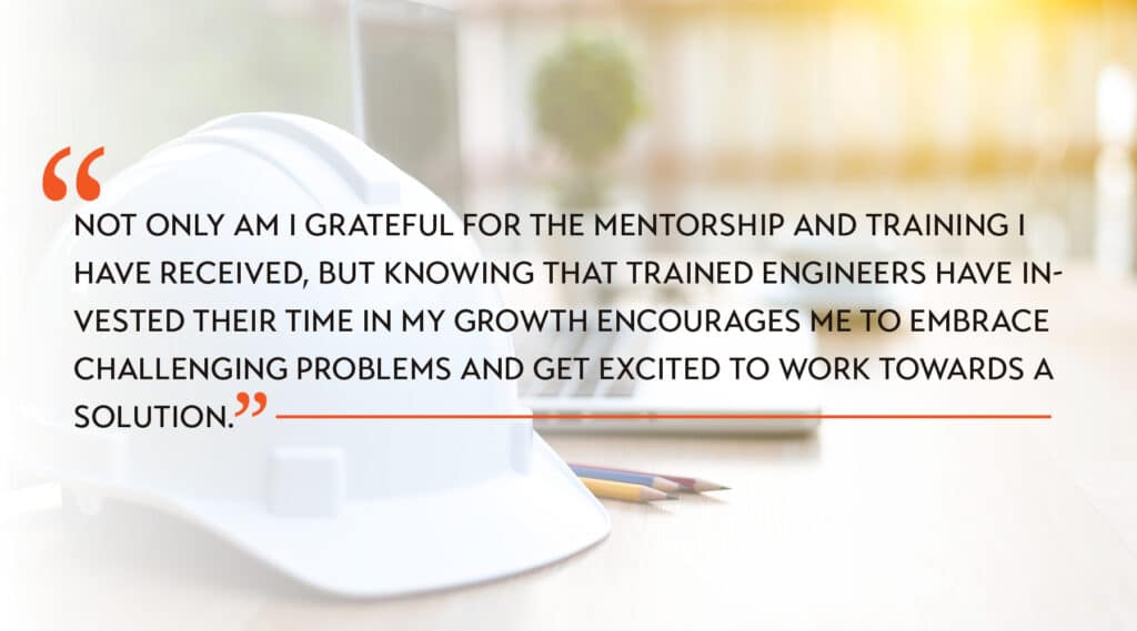 Caroline Corwin's quote about being a young transportation engineer. The image is of a hardhat and laptop with a sunny background that fades into the text.