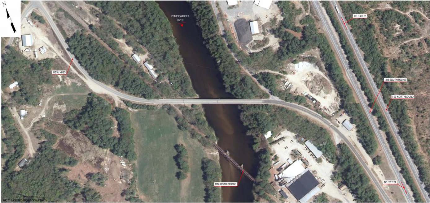 Aerial photo of US 3/NH 25 Bridge & NHRR over Pemigewasset River between Ashland and Bridgewater, NH.