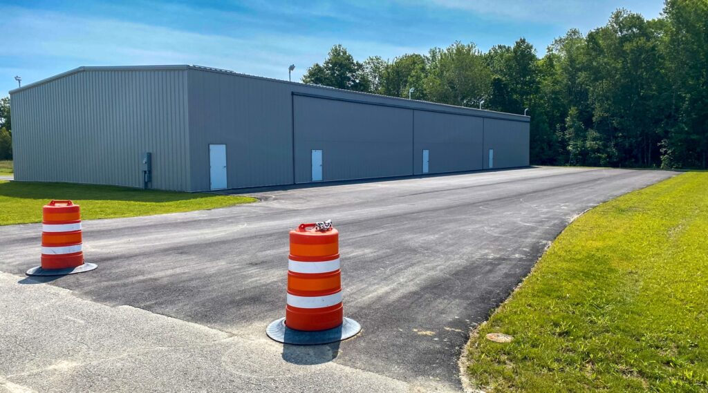 A photo of a new T-Hangar that has been part of Airport Construction at Pittsfield Municipal Airport