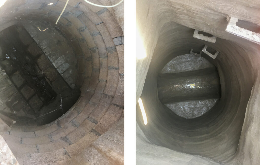 A photo inside two pipes - the two photos are side by side and showcase airport construction projects that Hoyle Tanner has been working on this summer.