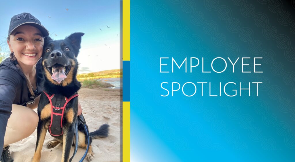 Employee Spotlight Photo of Sara Bateman featured with her dog on a sunny day outside