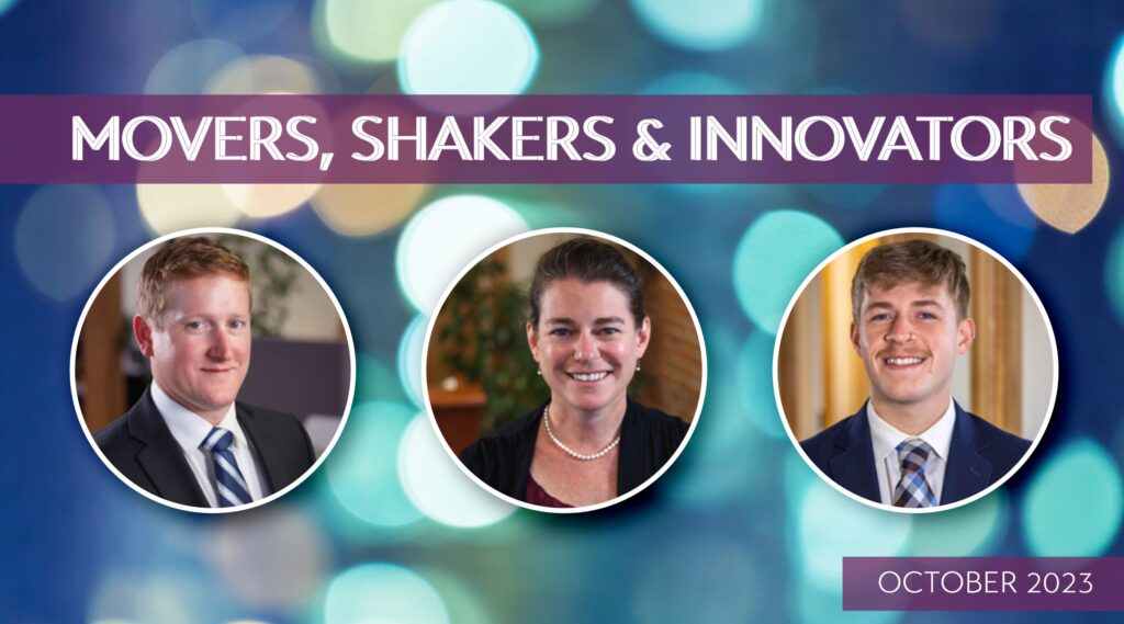 Featured Image of our Movers, Shakers & Innovators for fall 2023. The image has circular headshots, the title of the article, and a blurry light background.