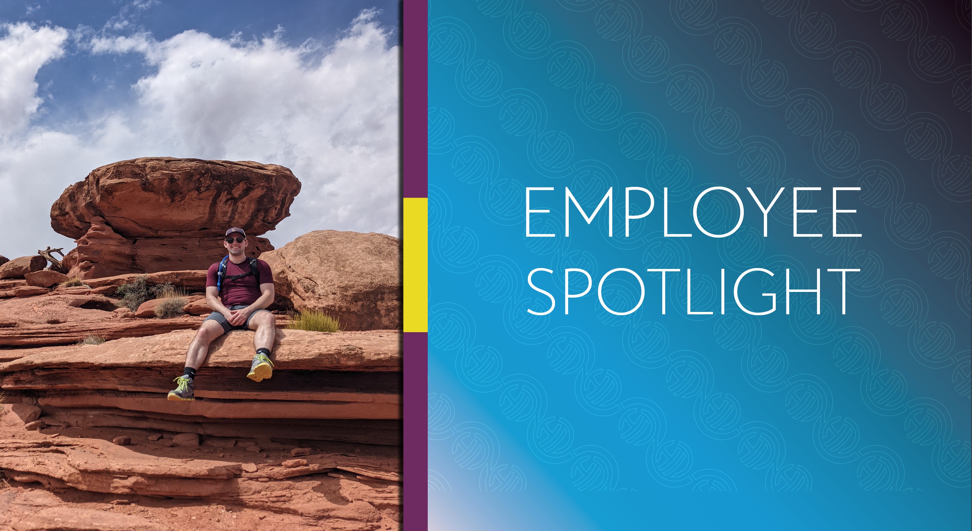 Aidan Short is this month's employee spotlight! In the photo on the left, he sits on a pile of red rocks in the desert. Then there is a purple and yellow bar in Hoyle Tanner colors and the words "Employee Spotlight" over a blue background on the right