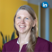 Heidi Marshall corporate headshot with LinkedIn logo in upper corner