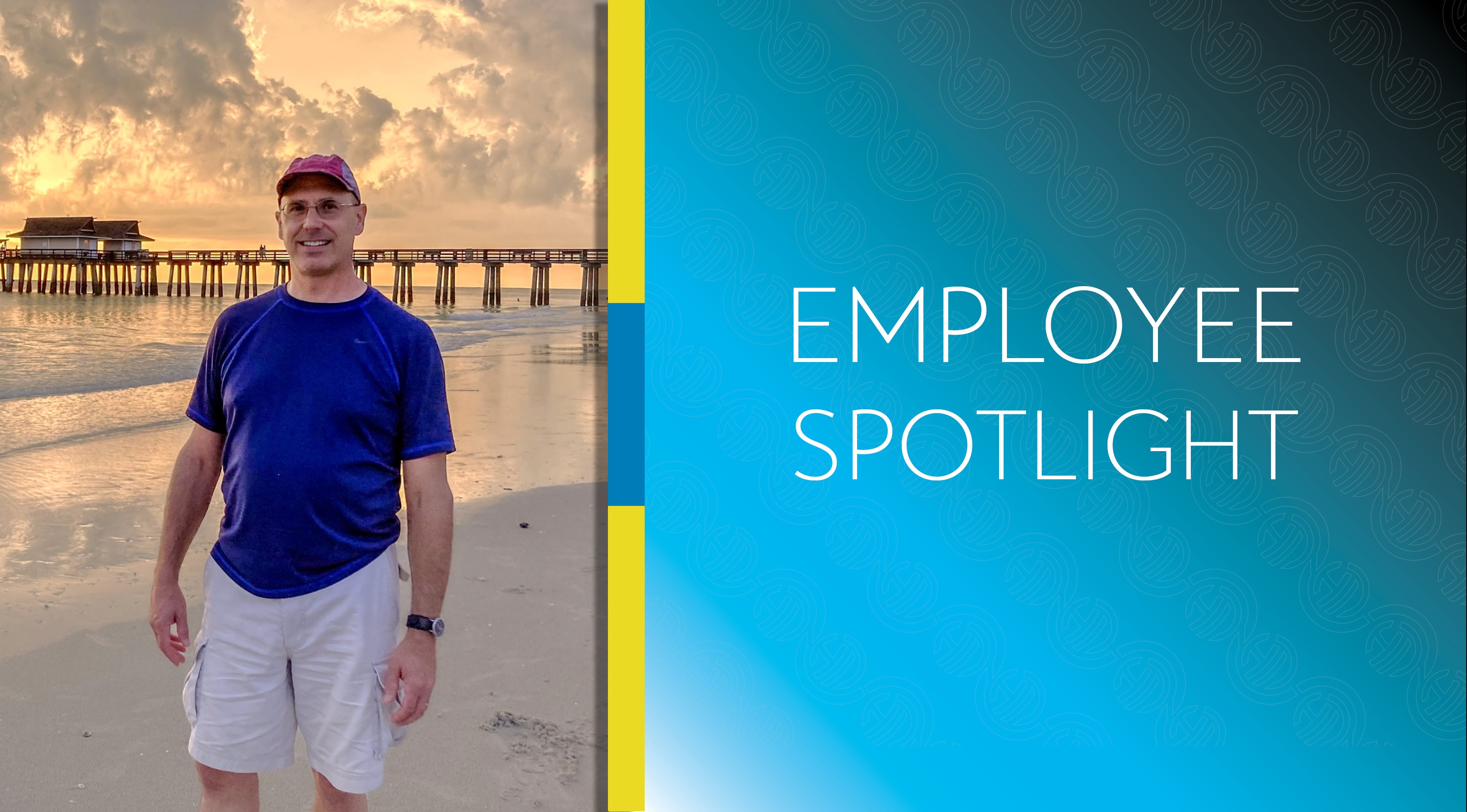 Employee Spotlight image for Jonathan Crowdes, shown in a photo next to the article title. He stands in a blue shirt on a beach at sunset