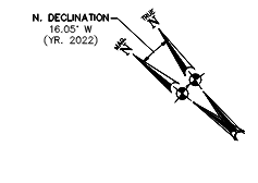 A declination arrow to illustrate runway orientations. Black and white image.
