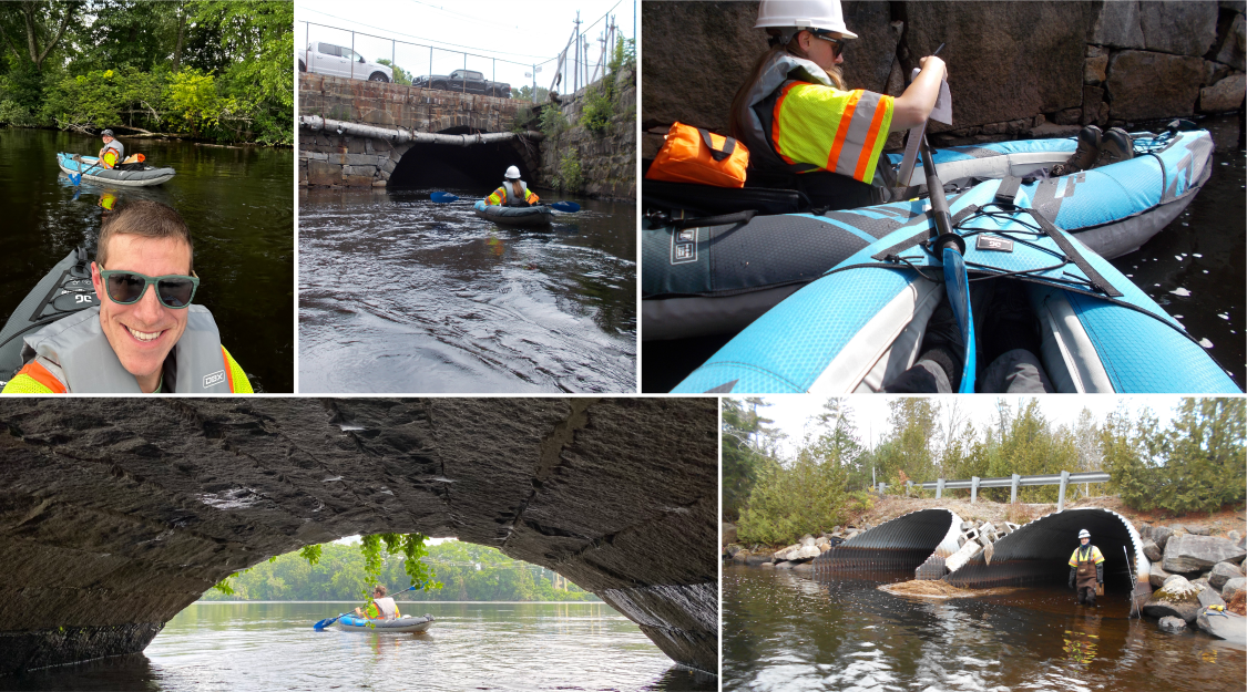 Photo collage of Hoyle Tanner staff kayaking and wading in water while inspecting various culverts in Chelmsford, MA.