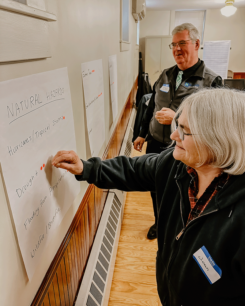 A woman and a man are pictured placing dots on poster board. This is part of stormwater public outreach and is showing community engagement. Both people are smiling.