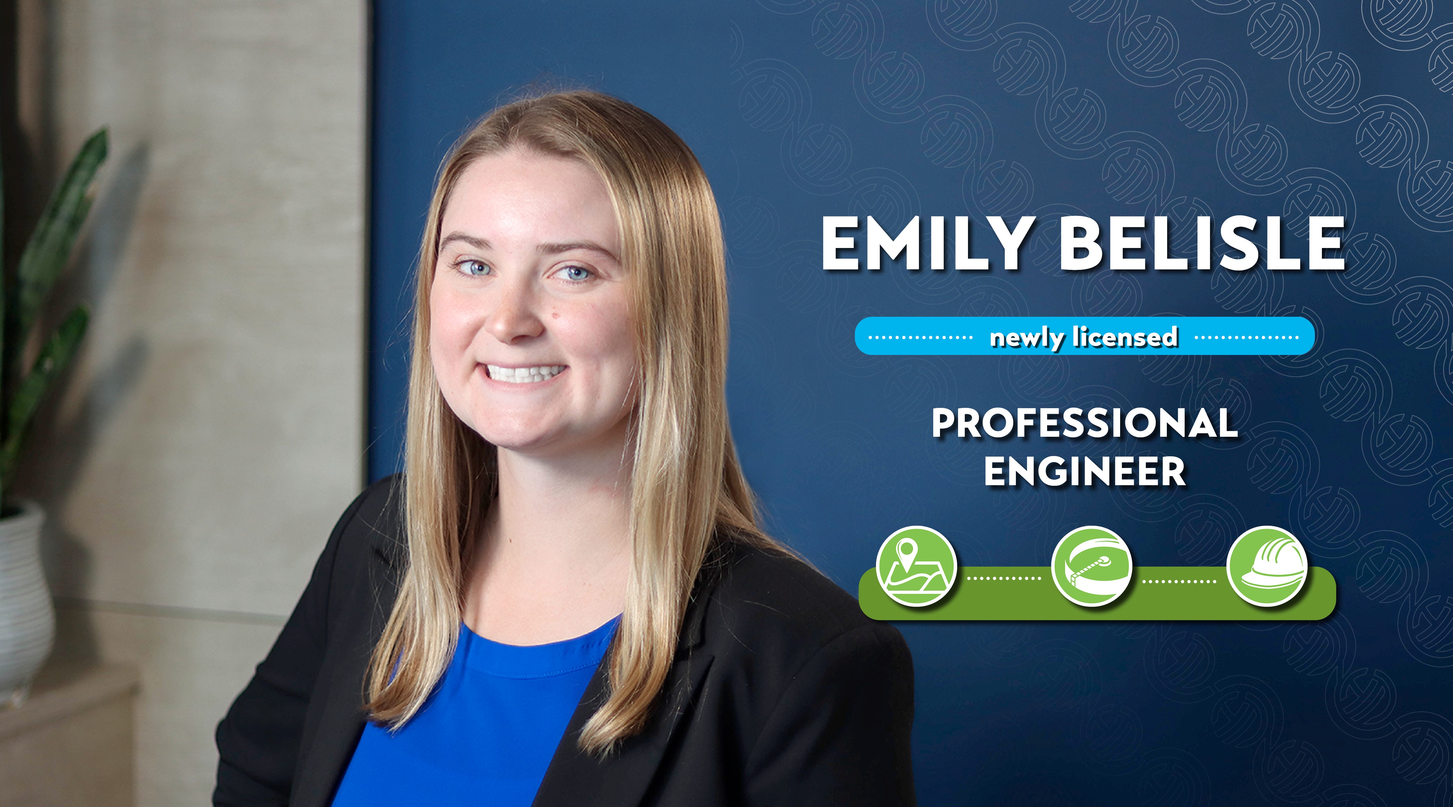 Emily Belisle's corporate headshot with a navy blue wall as a background. The graphic has her name and icons (for wastewater, civil/site, and construction) for which she works on projects for.