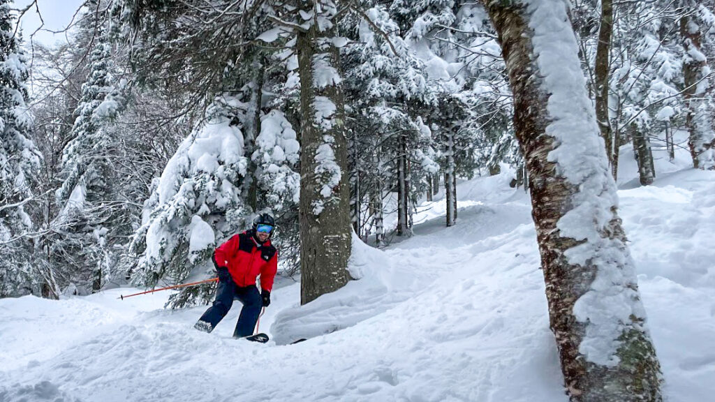 A photo of Ryan McMullen in a red jacket skiing down a mountain. He is surrounded by trees and snow.