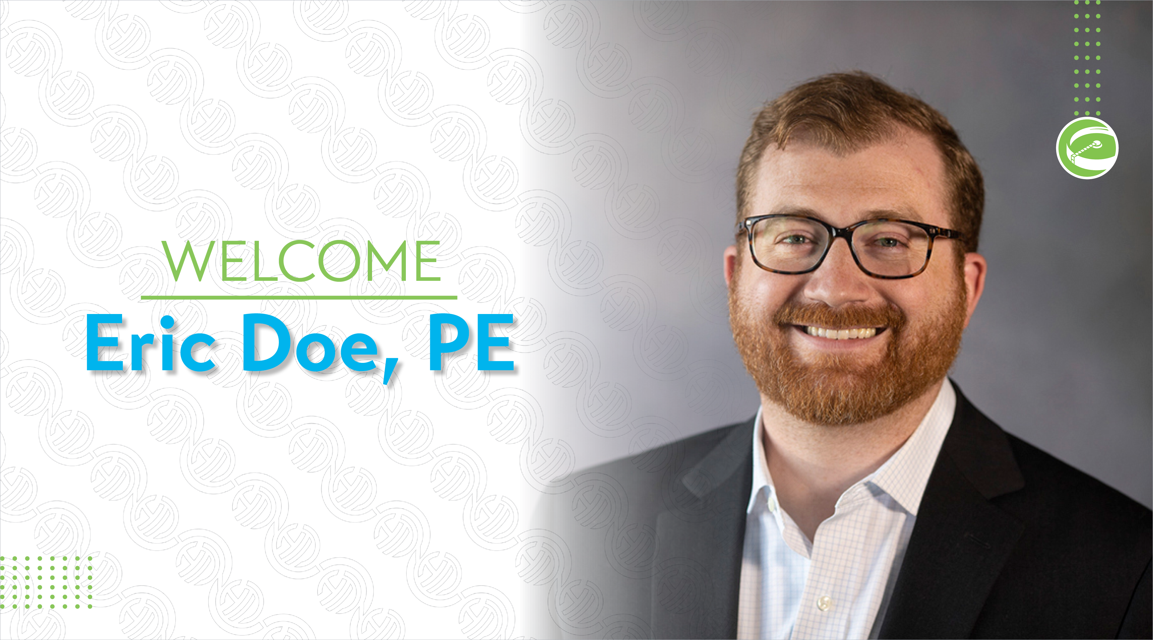 A "Welcome Eric Doe" message is on the left side of the image and Eric Doe's corporate headshot is on the right. A green Hoyle Tanner icon sits near his head for wastewater services.