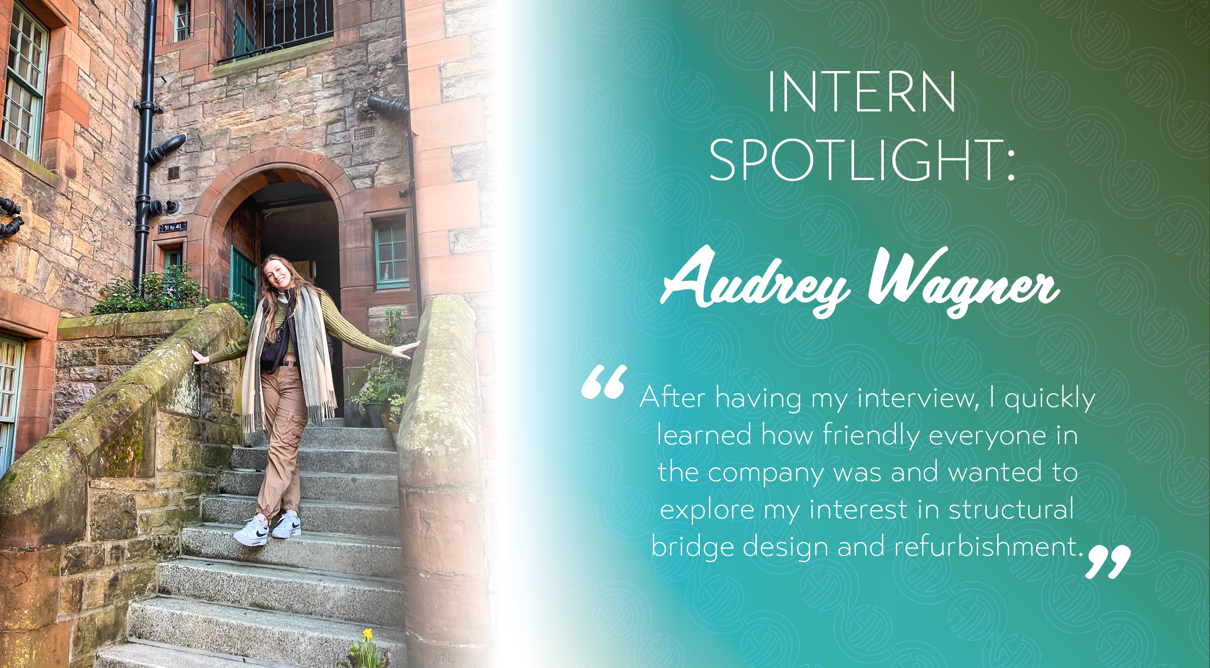 Audrey Wagner is pictured on the left on some steps with a quote from her article on the right along with her name, under the words Intern Spotlight.