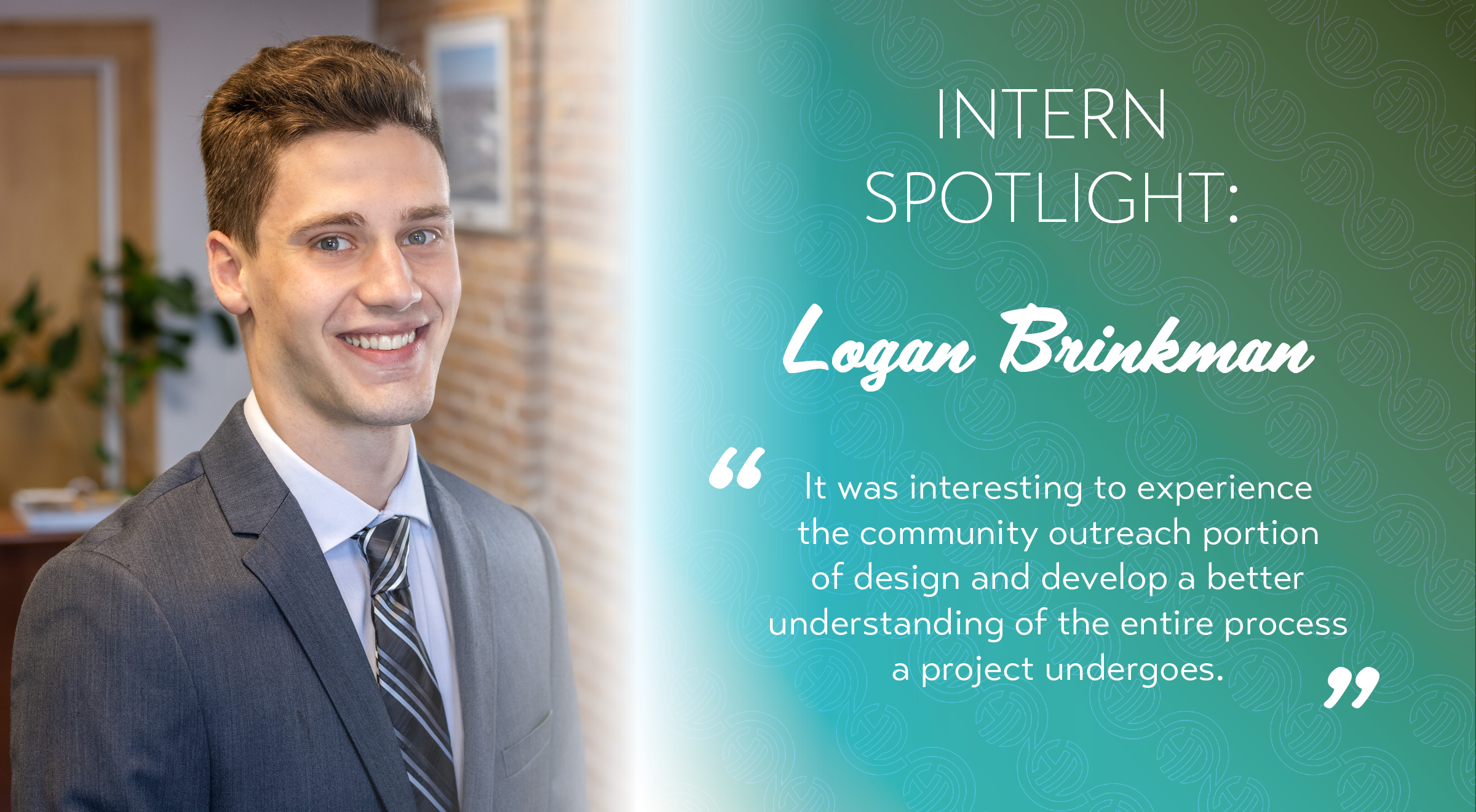 Logan Brinkman's corporate headshot on the left next to a quote from his spotlight to the right.