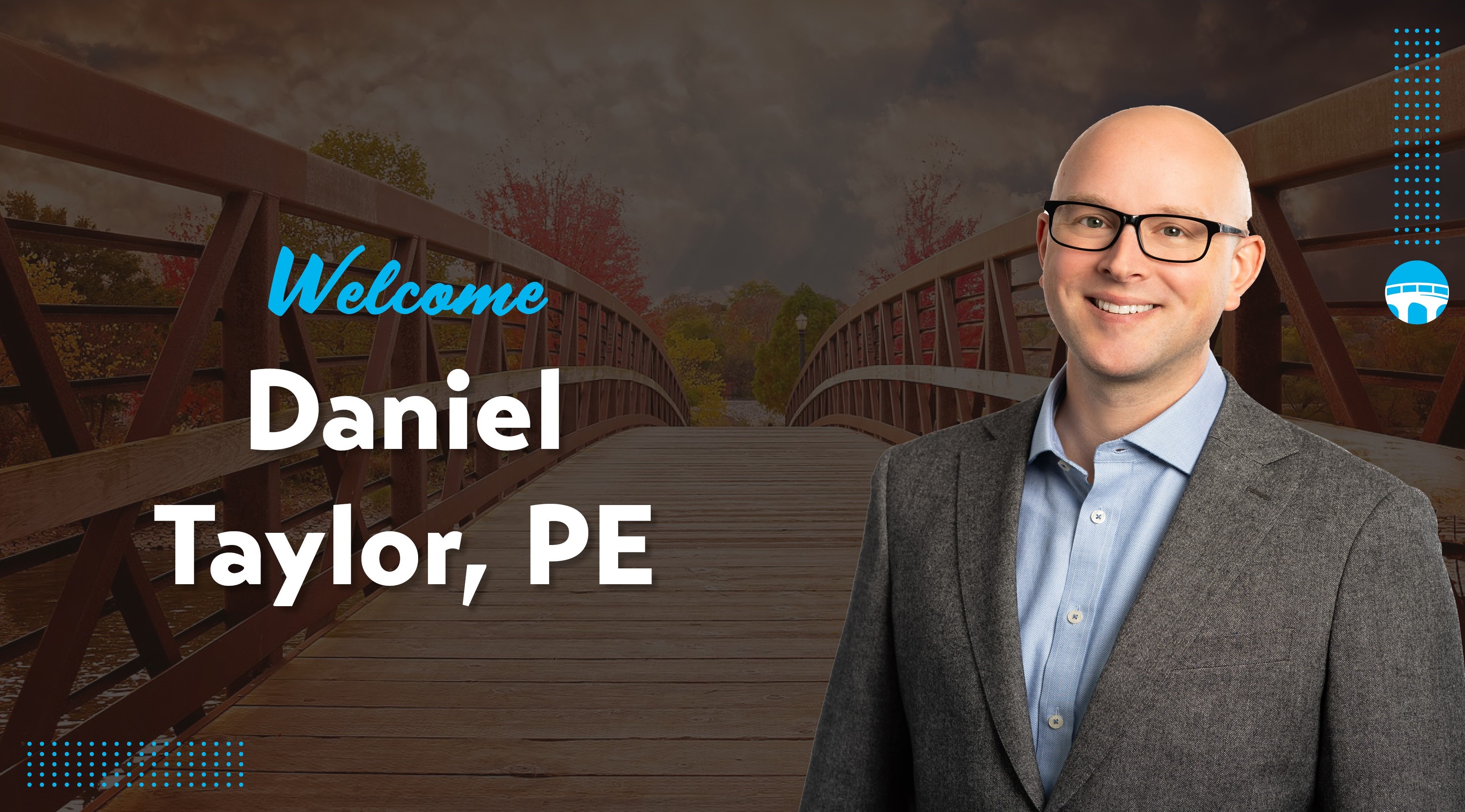 Daniel Taylor headshot with pedestrian bridge in background