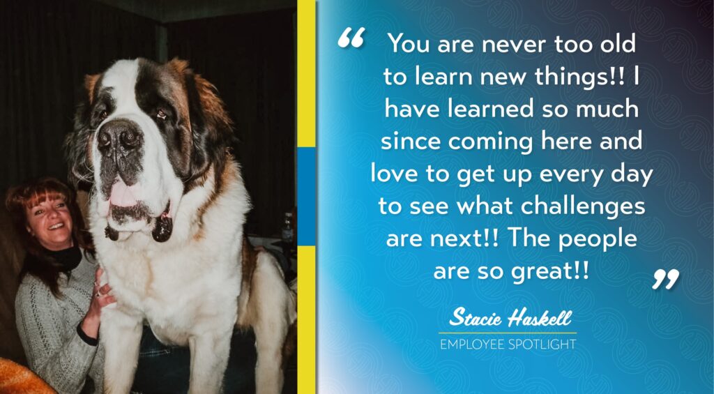 Stacie Haskell is featured with her dog sitting on her lap. A quote from her Q&A is included to the right.