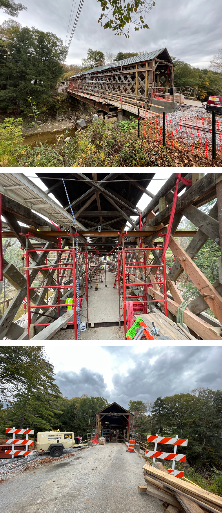 Three photos of construction on a covered bridge in New England. 