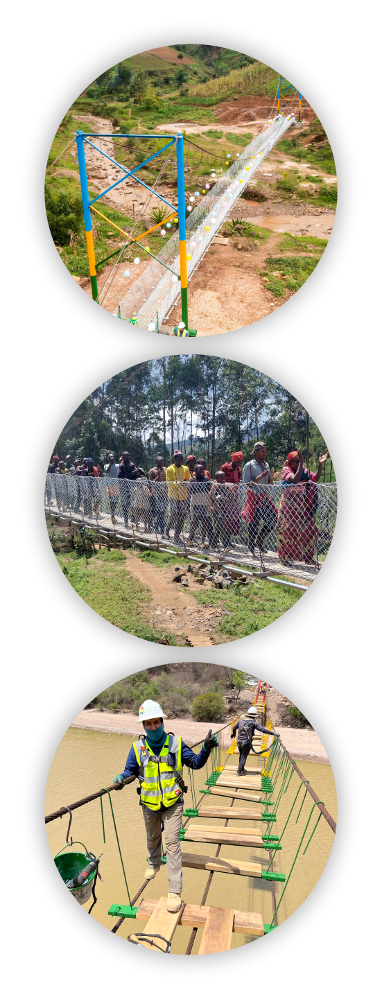 Three photos of the pedestrian bridges Kayla helped build with B2P - in Bolivia and Rwanda.