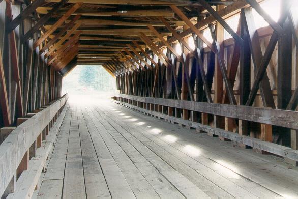 Inside truss design of a covered bridge.