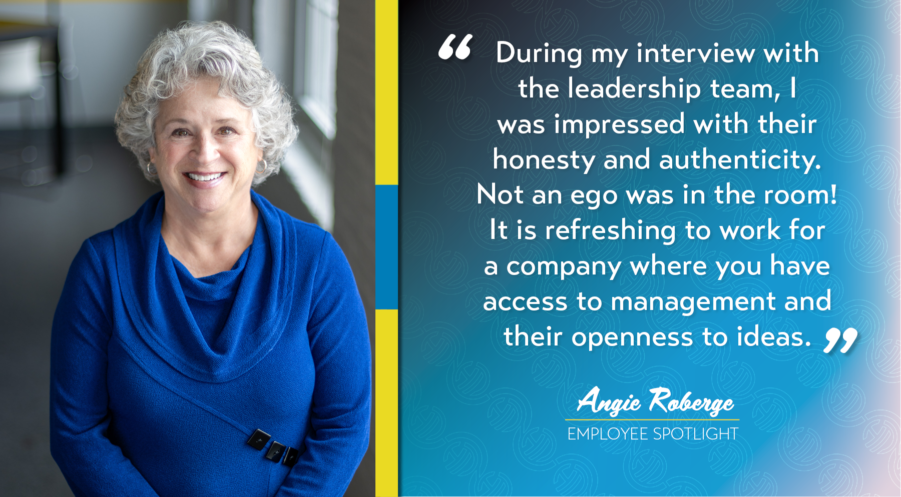 Angie Roberge's corporate headshot paired with a quote from her employee spotlight on the right