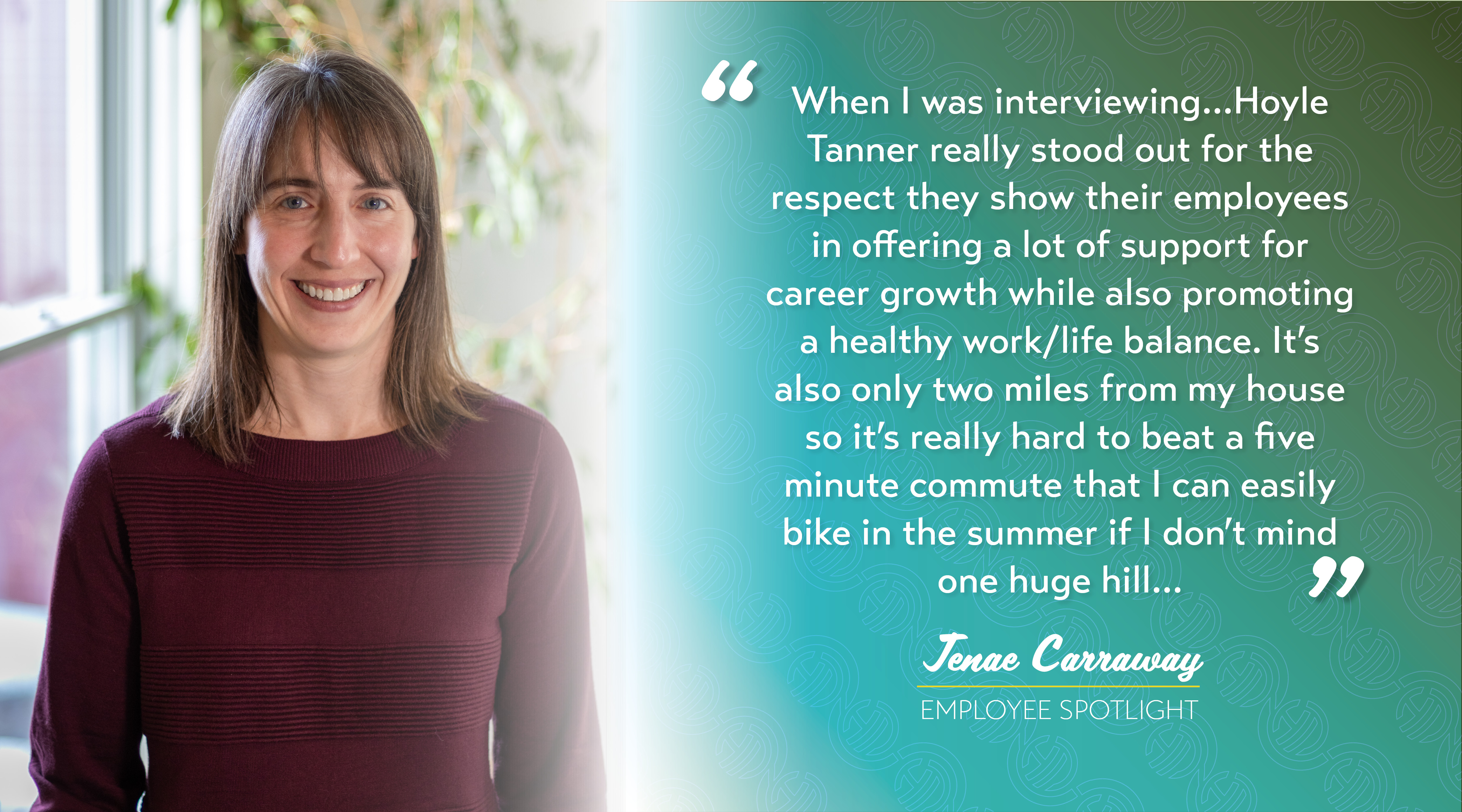 Jenae's corporate headshot is on the left and a featured quote from her article is on the right about her time interviewing at Hoyle Tanner.