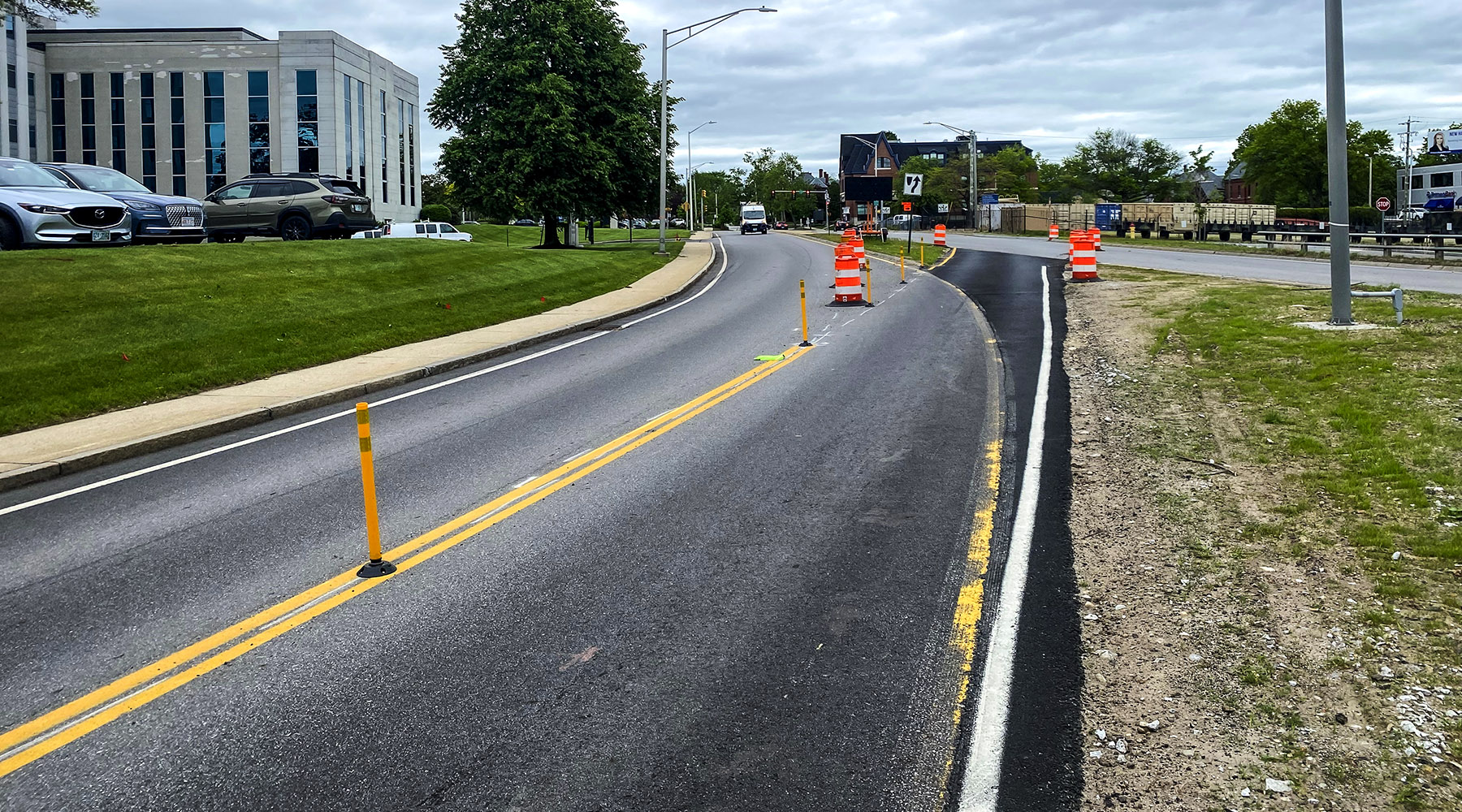 Here the road splits and new material has been paved partially over the median for drivers during construction.