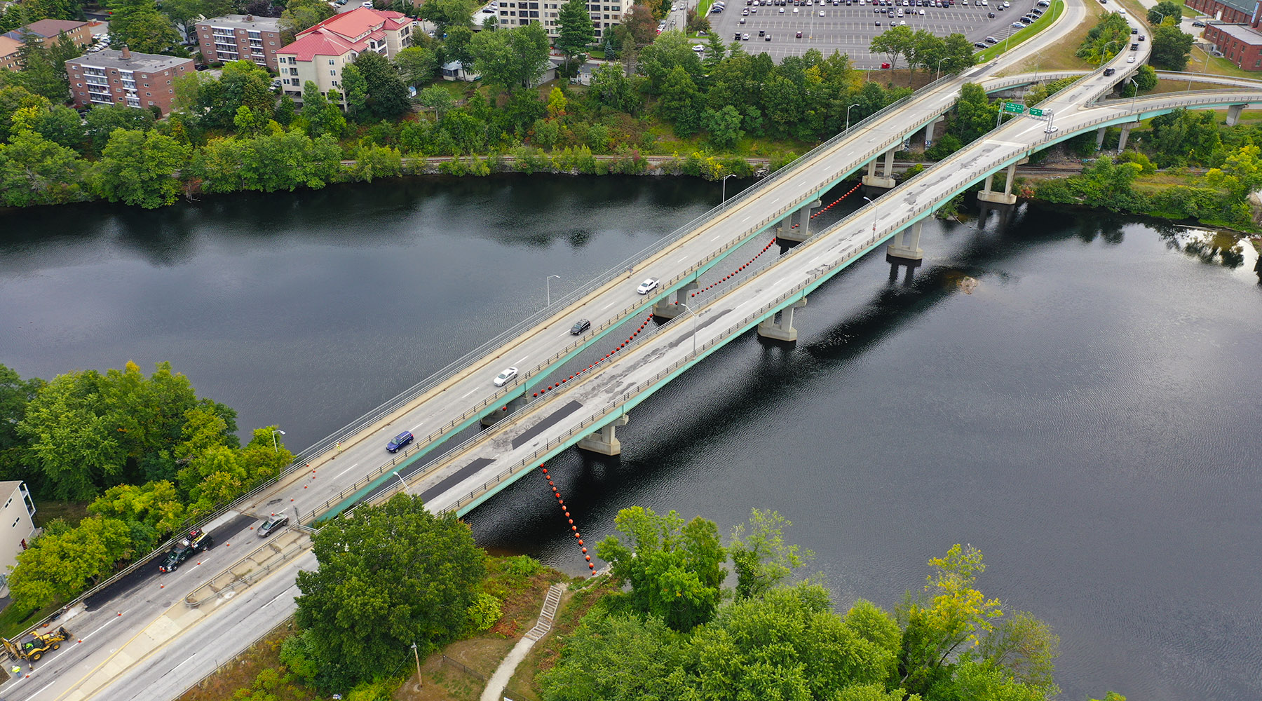 An aerial image of the entire Amoskeag Bridge network above the Merrimack River. This photo was taken prior to construction.