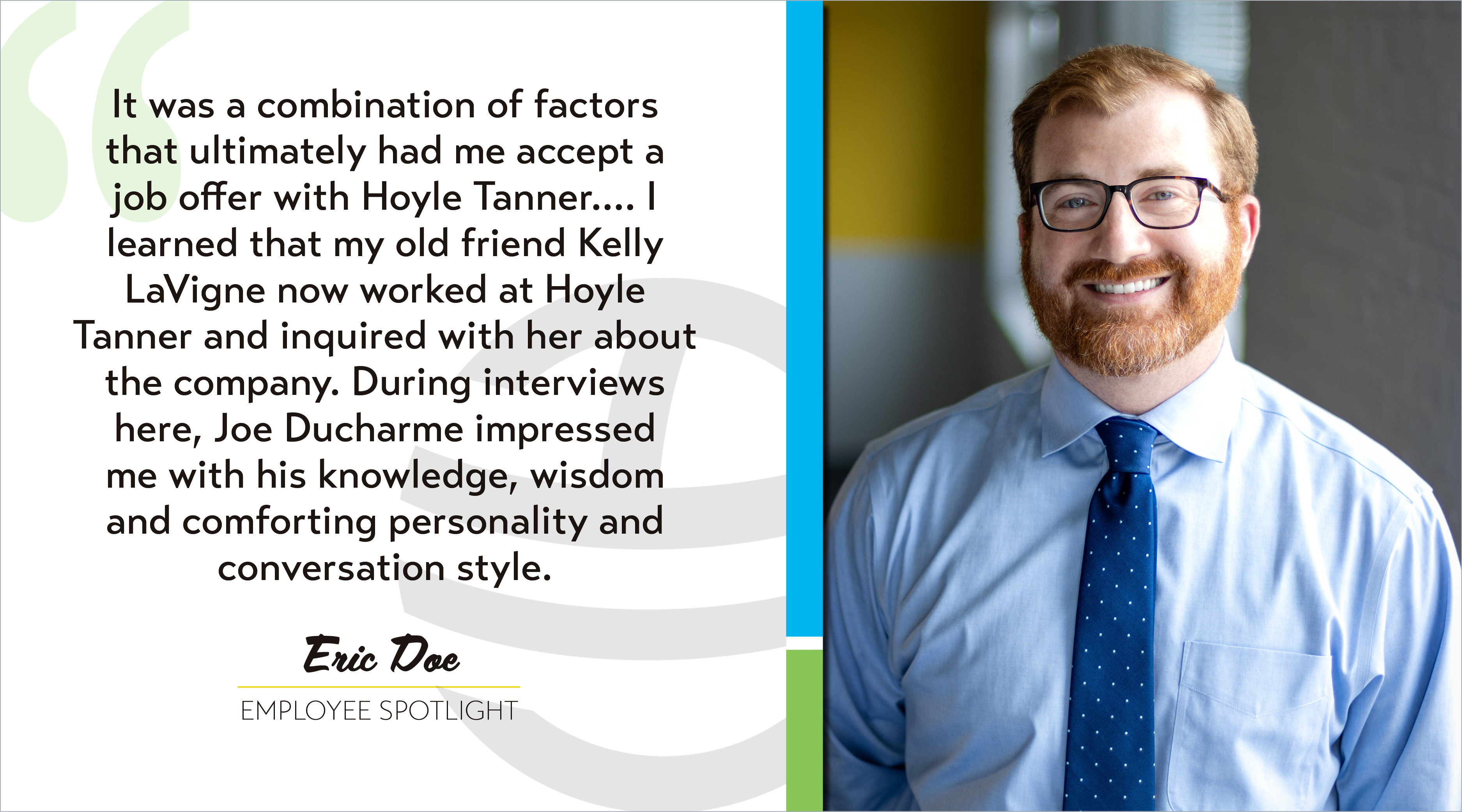 Eric Doe's corporate headshot is featured next to his quote from the article with Hoyle Tanner's logo and a large quotation mark in green.