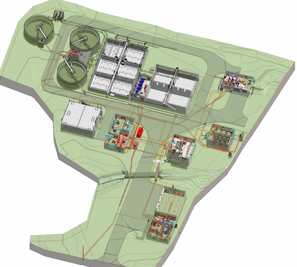 This BIM model shows 3D pipe networks at a wastewater treatment facility.