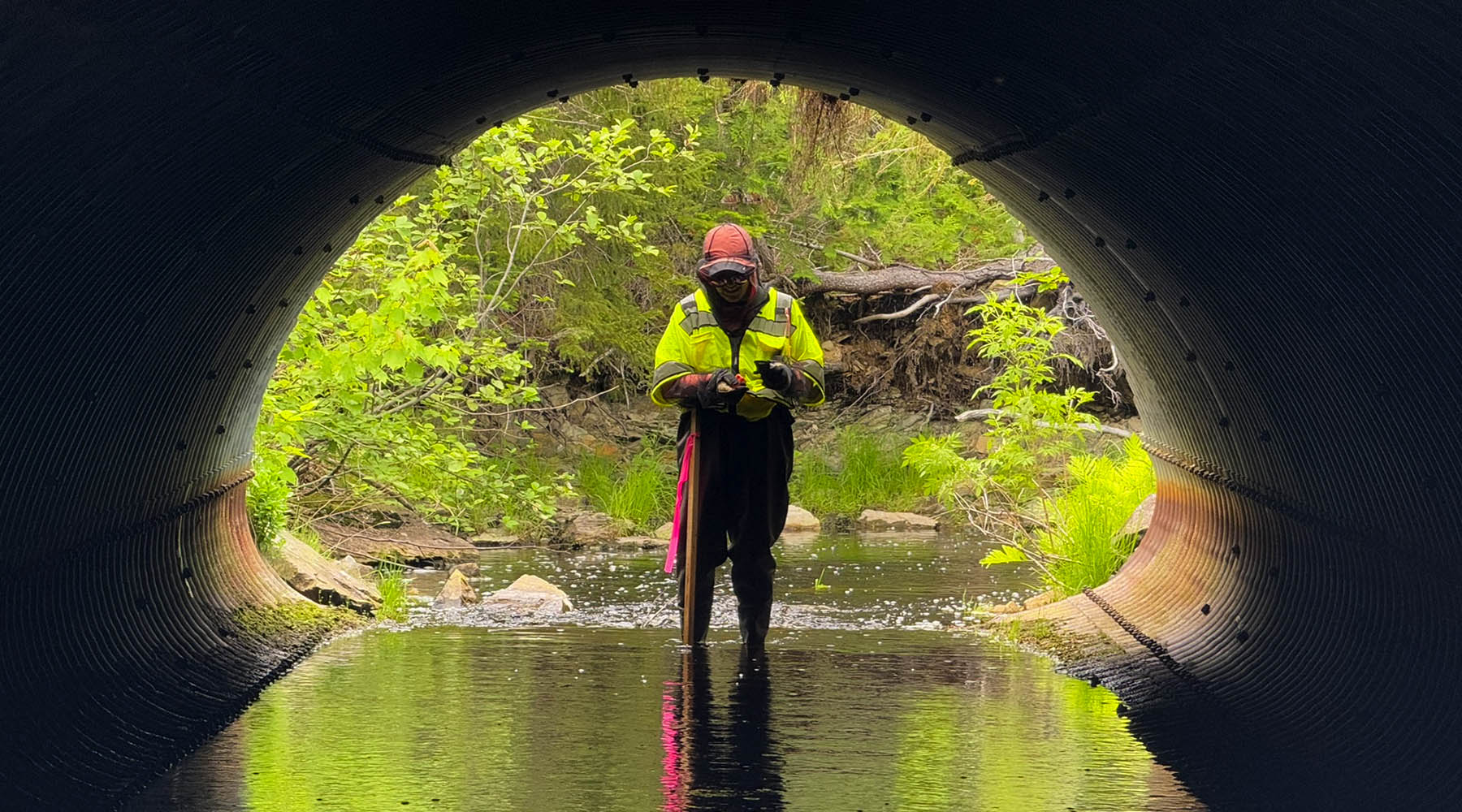 Lynne standing at the other end of a culvert