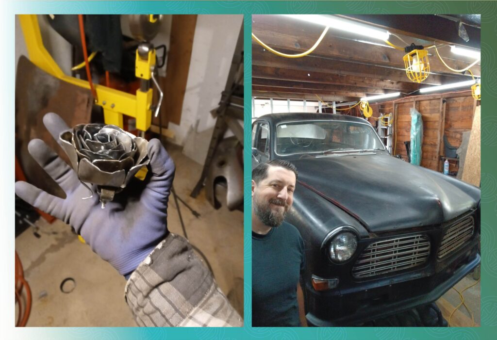 Travis is holding some of his metal sculpting alongside a photo with him posing with one of his car projects.