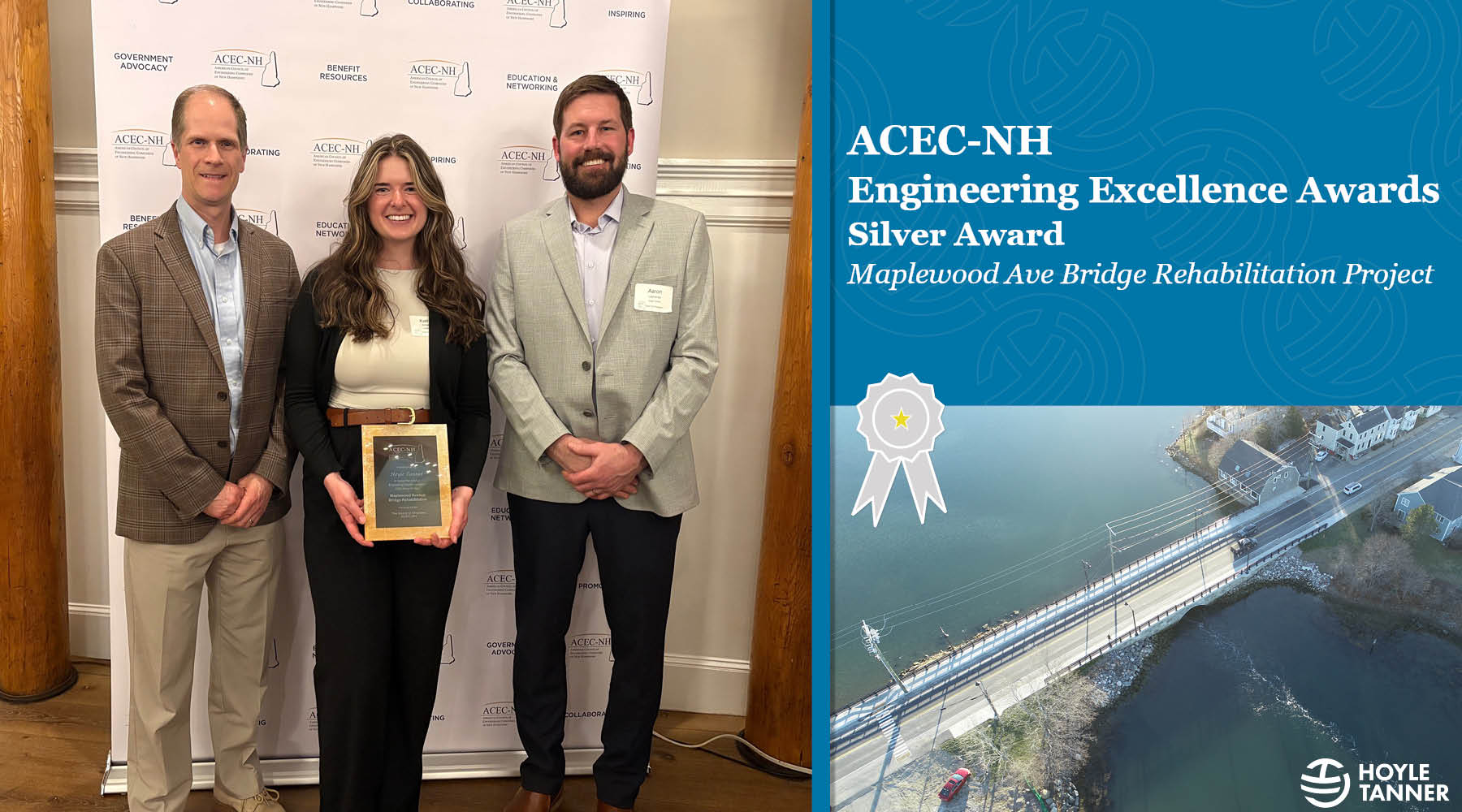 Compiled graphic features an image of Aaron Lachance, Matthew Low, and Kathryn Dziadowicz receiving the silver award for the Maplewood Ave Bridge Rehabilitation Project. Also features an image of the completed project.