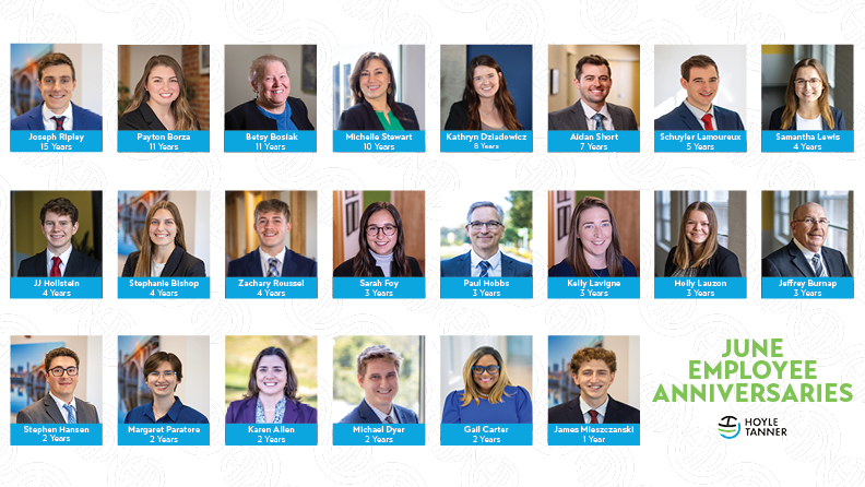 Graphic featuring employee images, along with their names, and number of years of experience at Hoyle tanner.