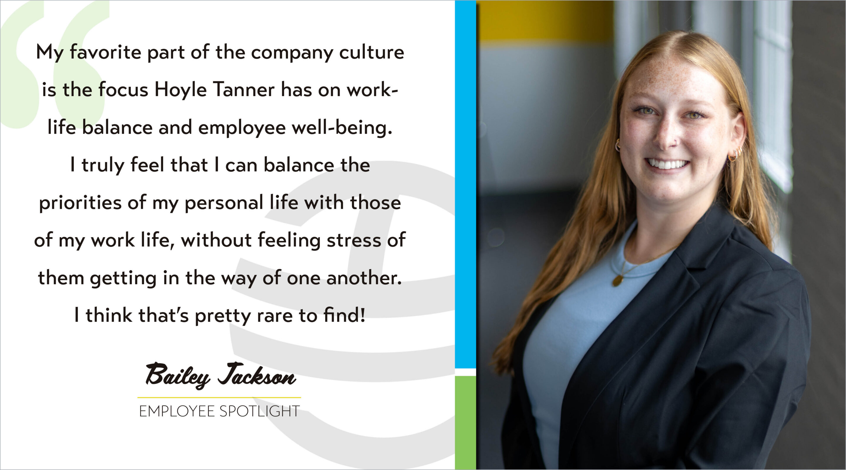 Bailey Jackson's corporate headshot on the right sits next to a quote from her employee spotlight on the left.