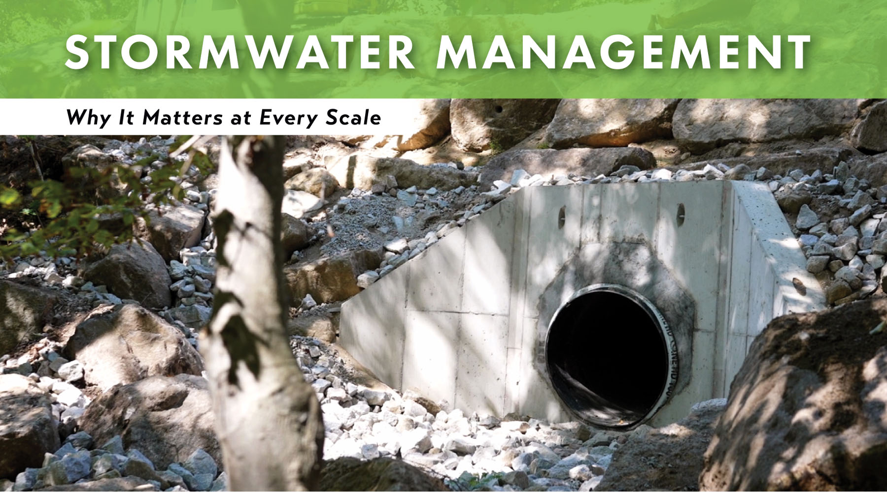 Stormwater Management Featured Image with title in white with green bar and image of culvert
